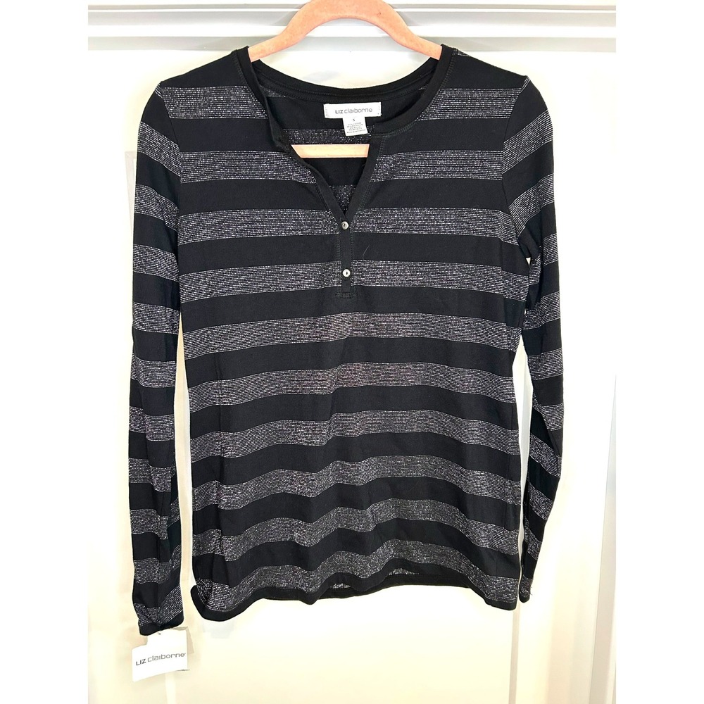 NEW Liz Claiborne Womens Black Silver Metallic Striped Thermal Henley Top Small